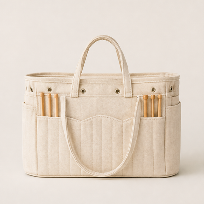 Canvas Yarn Storage Bag with Needle Pockets Natural