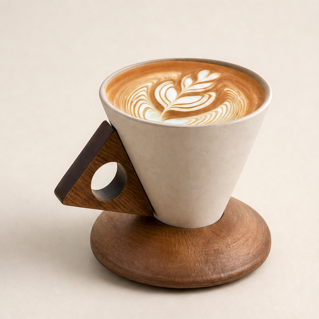 Conical Ceramic Coffee Cup with Wooden Handle and Base Beige