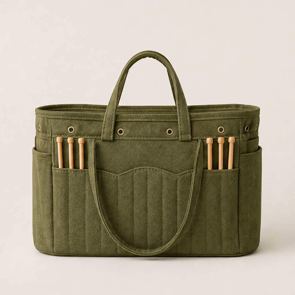 Canvas Yarn Storage Bag with Needle Pockets Olive