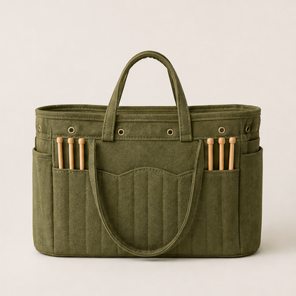 Canvas Yarn Storage Bag with Needle Pockets Olive
