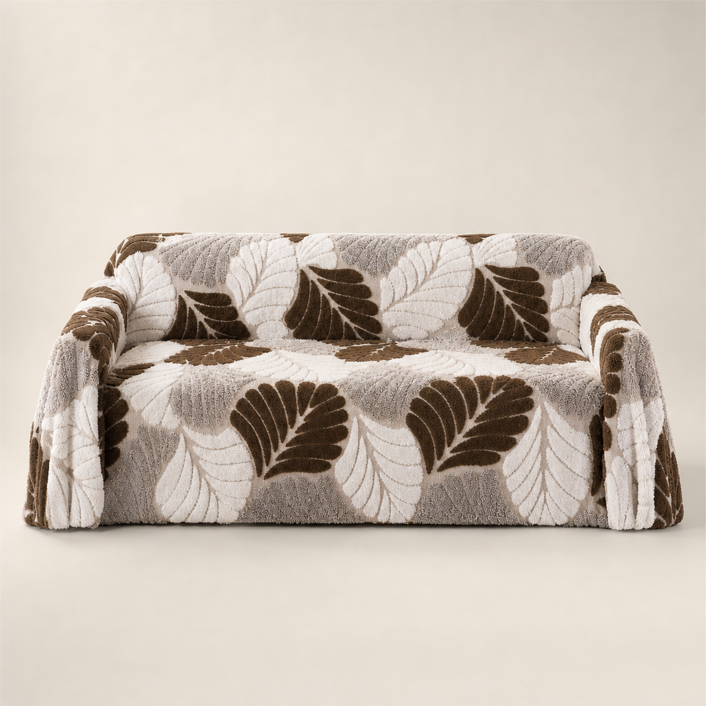 Jacquard Leaf Sherpa Sofa Throw, Non-Slip Backing Brown