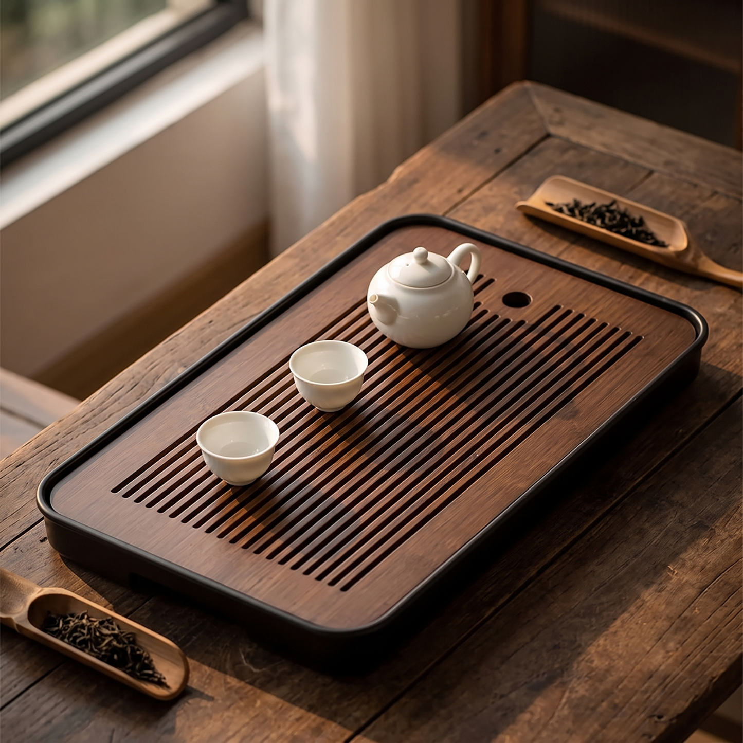 Kuroha dark bamboo tea tray - styled with a porcelain teapot and cups