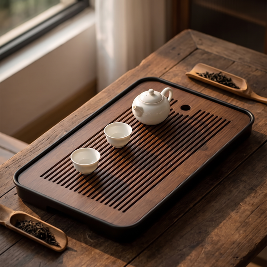 Kuroha dark bamboo tea tray - styled with a porcelain teapot and cups
