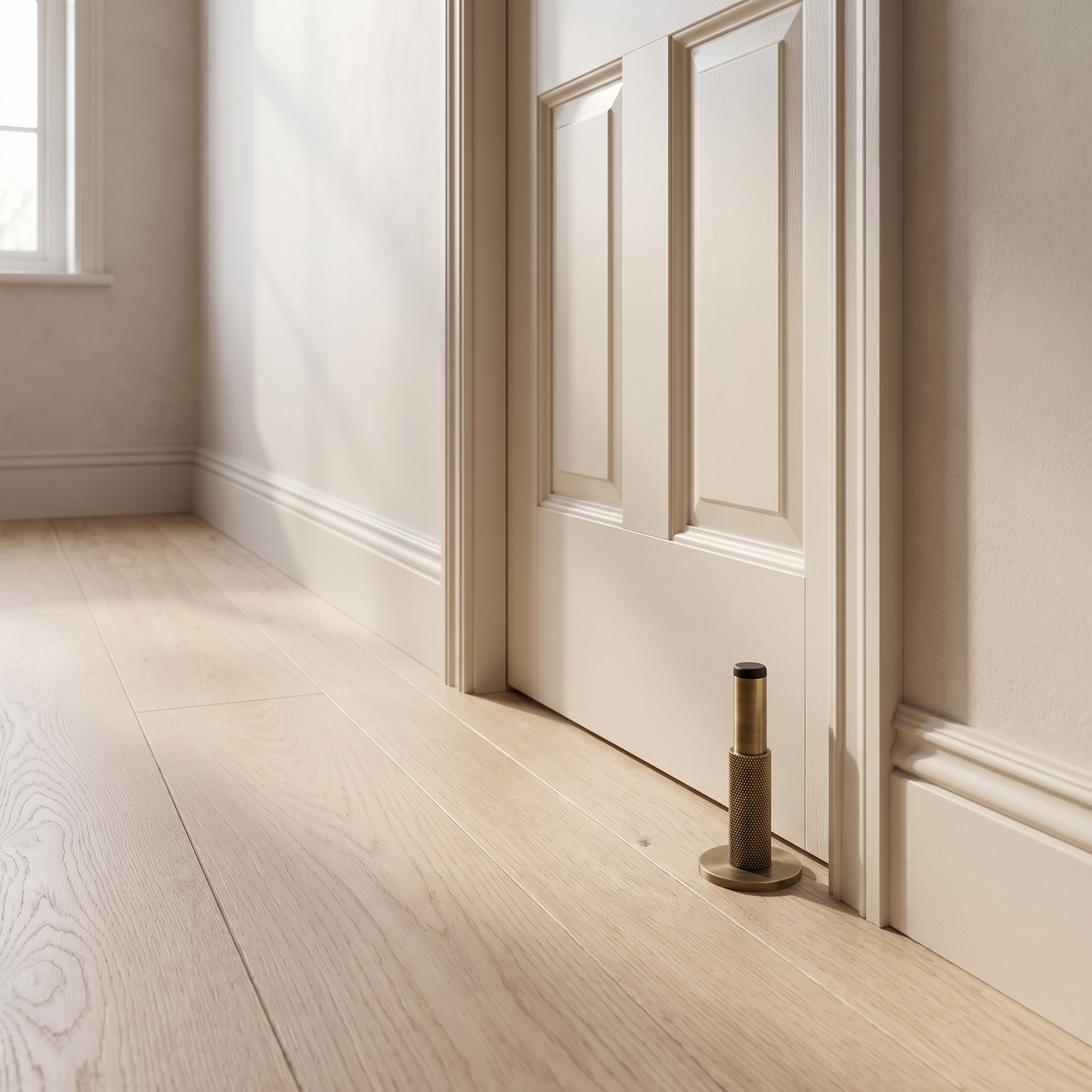 Knurlia solid brass knurled door stop - fitted to the floor beside a panelled door