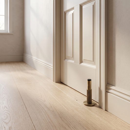 Knurlia solid brass knurled door stop - fitted to the floor beside a panelled door