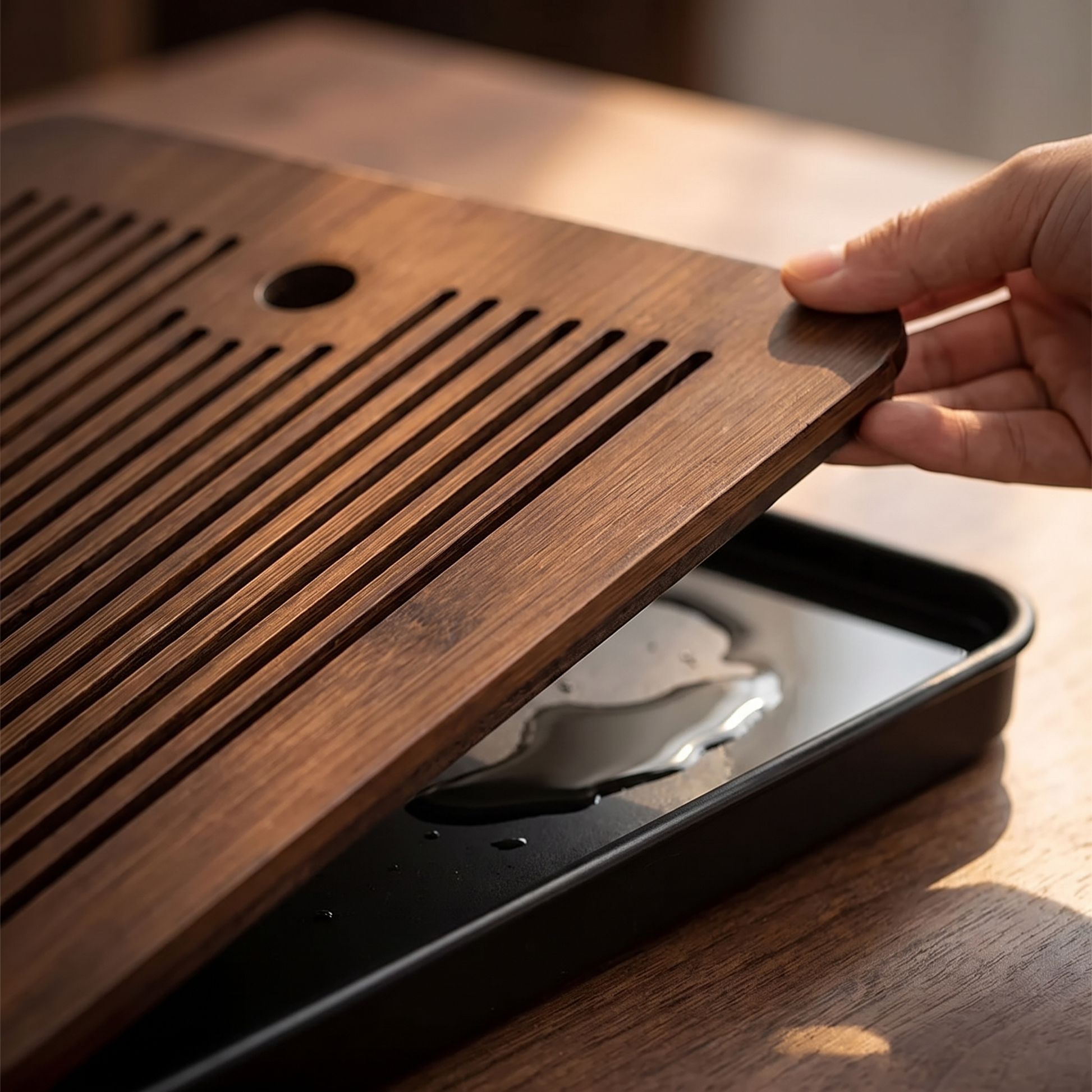 Kuroha dark bamboo tea tray - lifting the slatted top off the reservoir