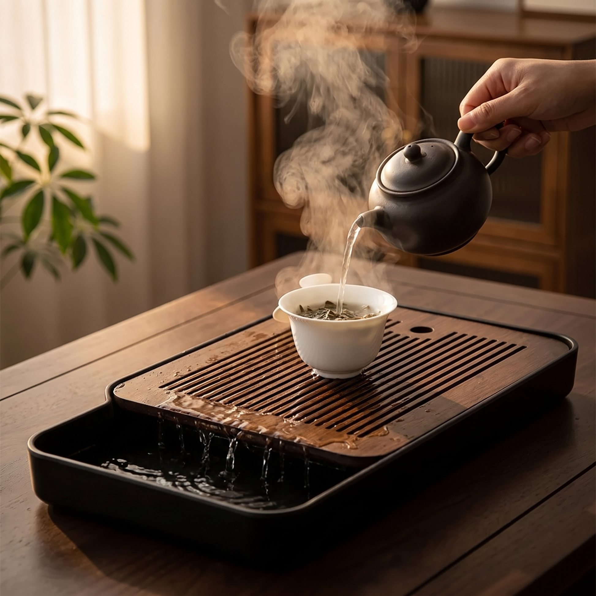Kuroha dark bamboo tea tray - hot water poured over a gaiwan, steam rising