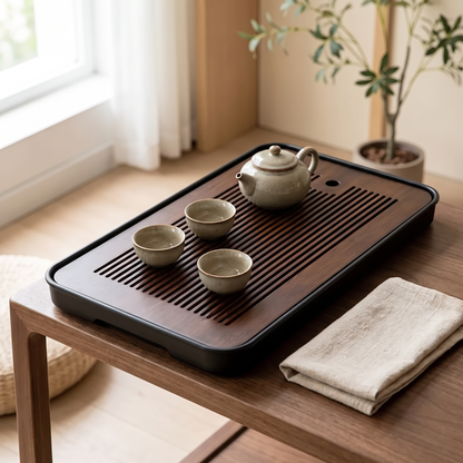Kuroha dark bamboo tea tray - used as a serving tray on a side table