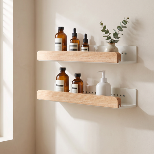 Ledgely floating bathroom shelves styled with skincare bottles