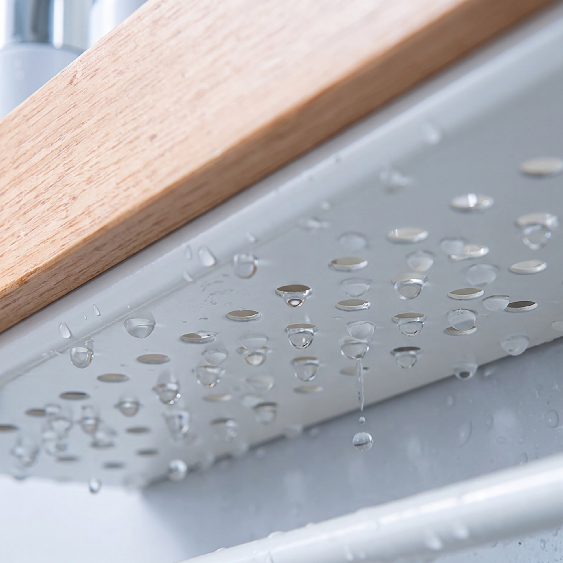 Close-up of the perforated draining base with water droplets
