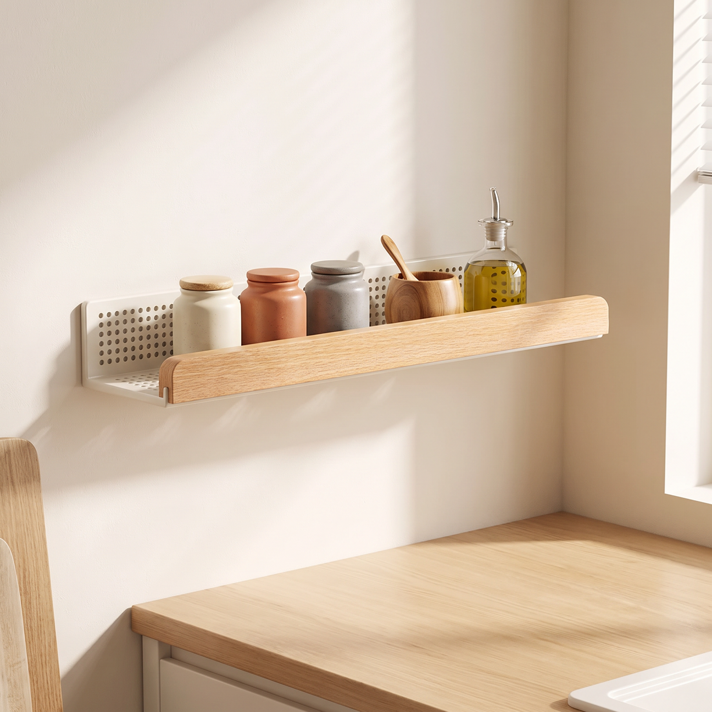 Ledgely shelf mounted above a kitchen counter