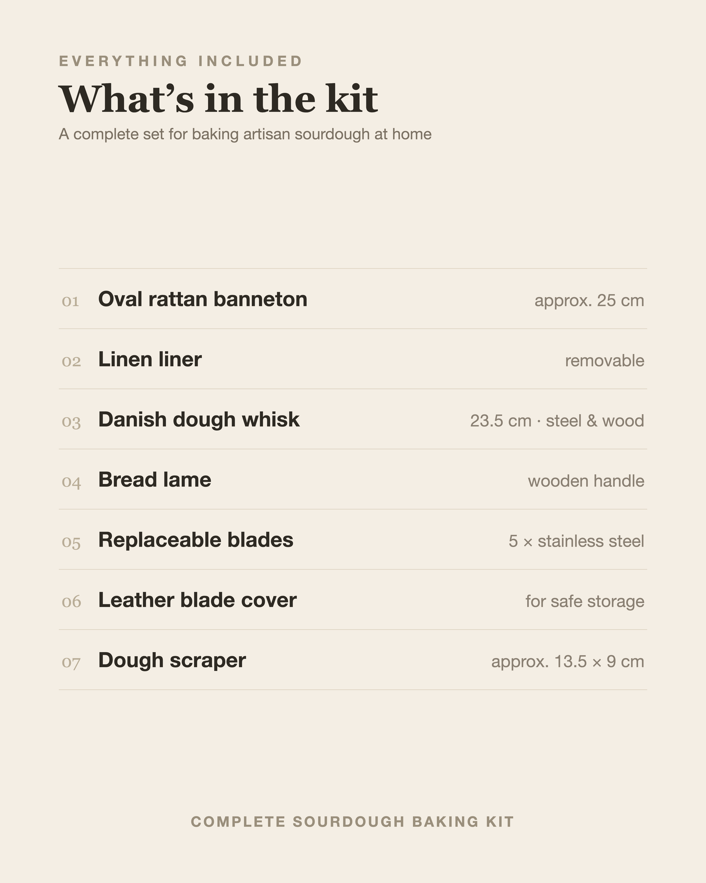 What is in the Levaria sourdough baking kit: banneton, whisk, lame, blades, scraper