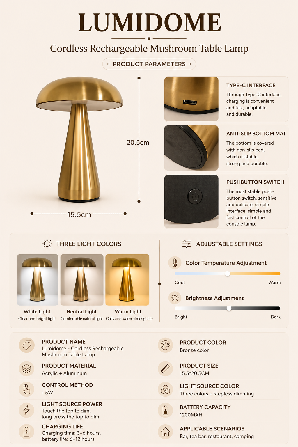 Lumidome - Cordless Rechargeable Mushroom Table Lamp