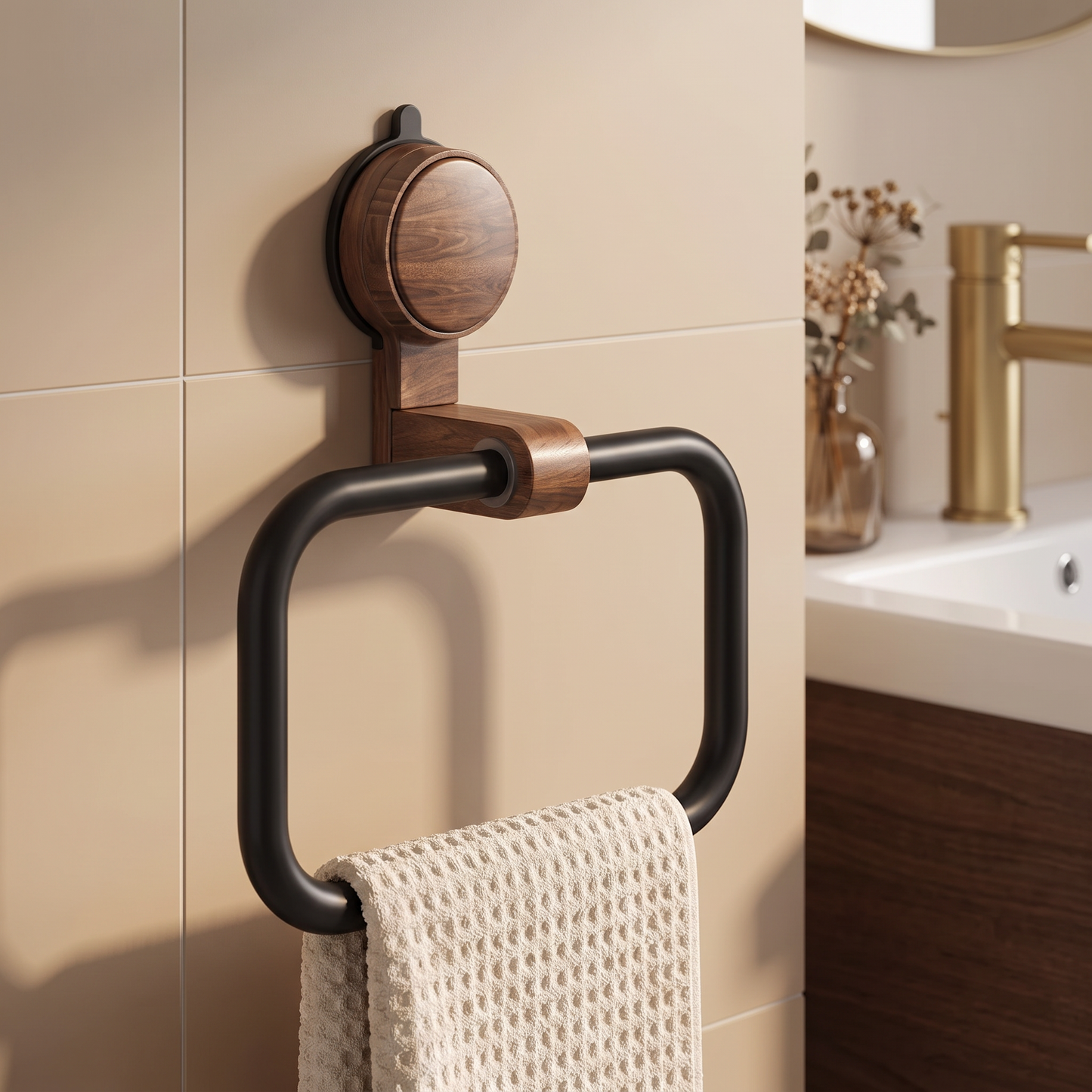 Lunara towel ring with walnut mount on a tiled bathroom wall