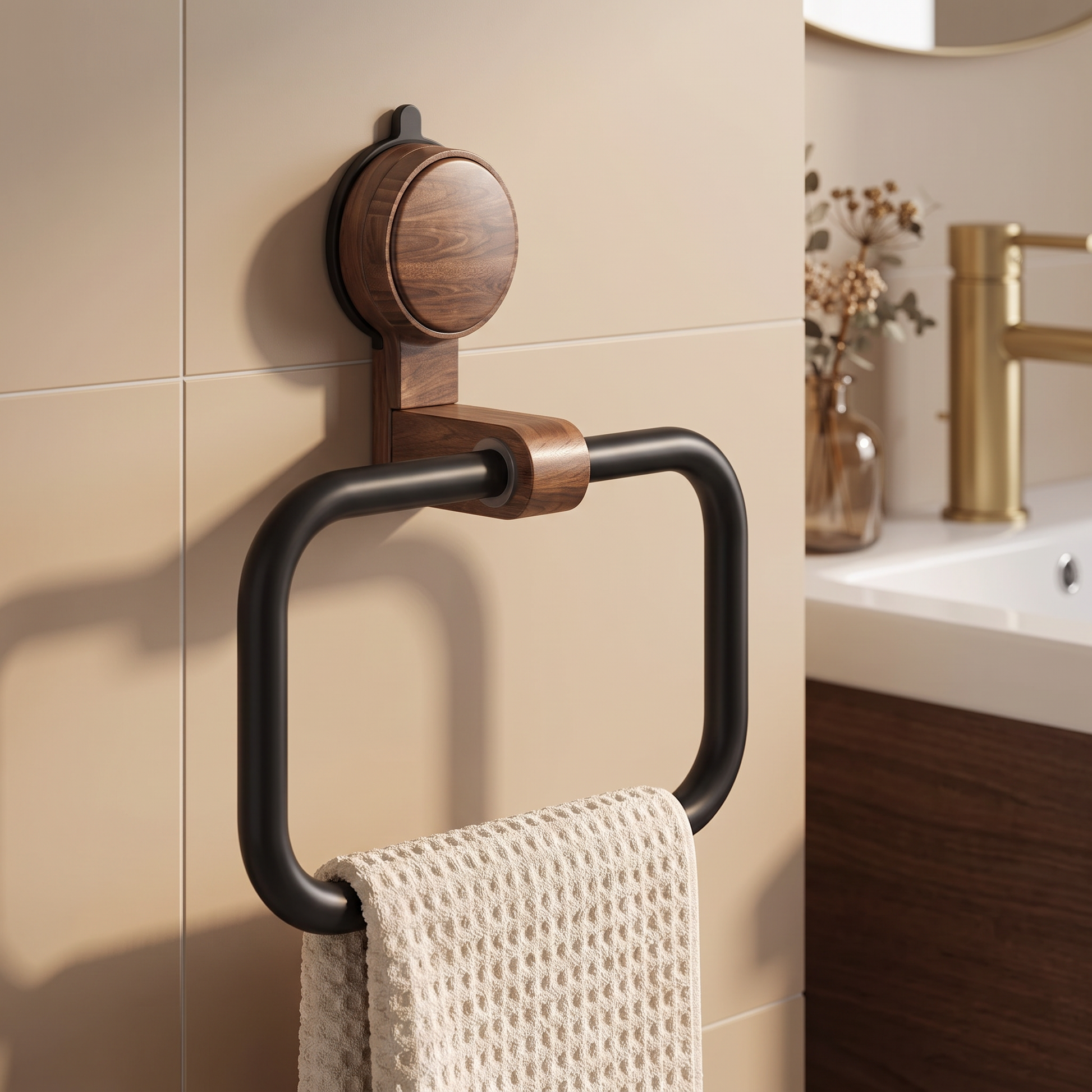 Lunara towel ring with walnut mount on a tiled bathroom wall