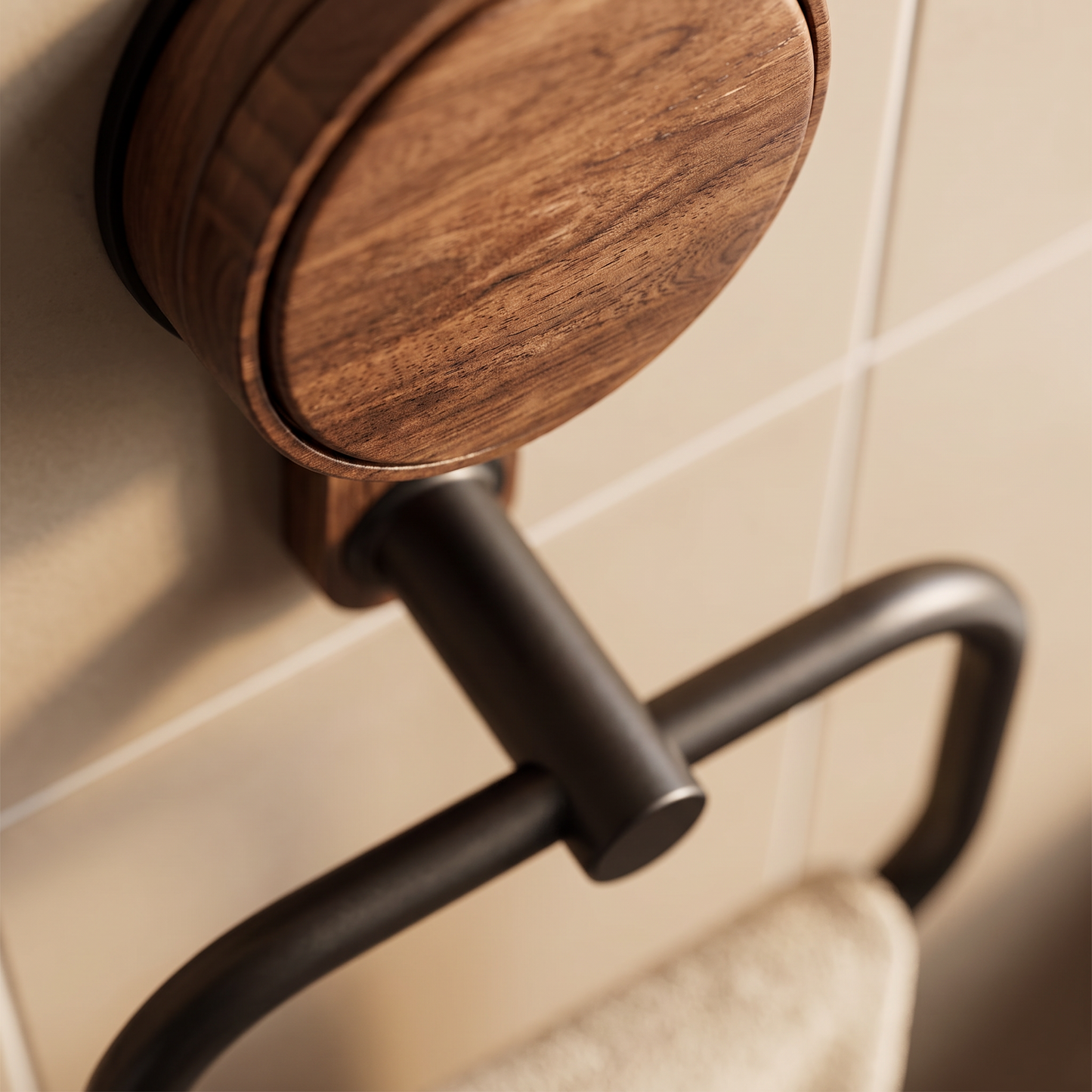 Close-up of the walnut suction cap and metal arm