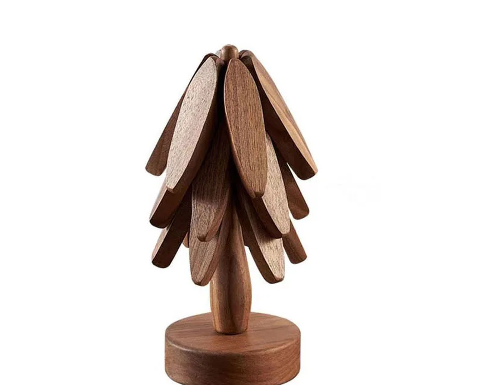 Pinora folding wooden trivet tree in walnut tone - stand with three folding coasters