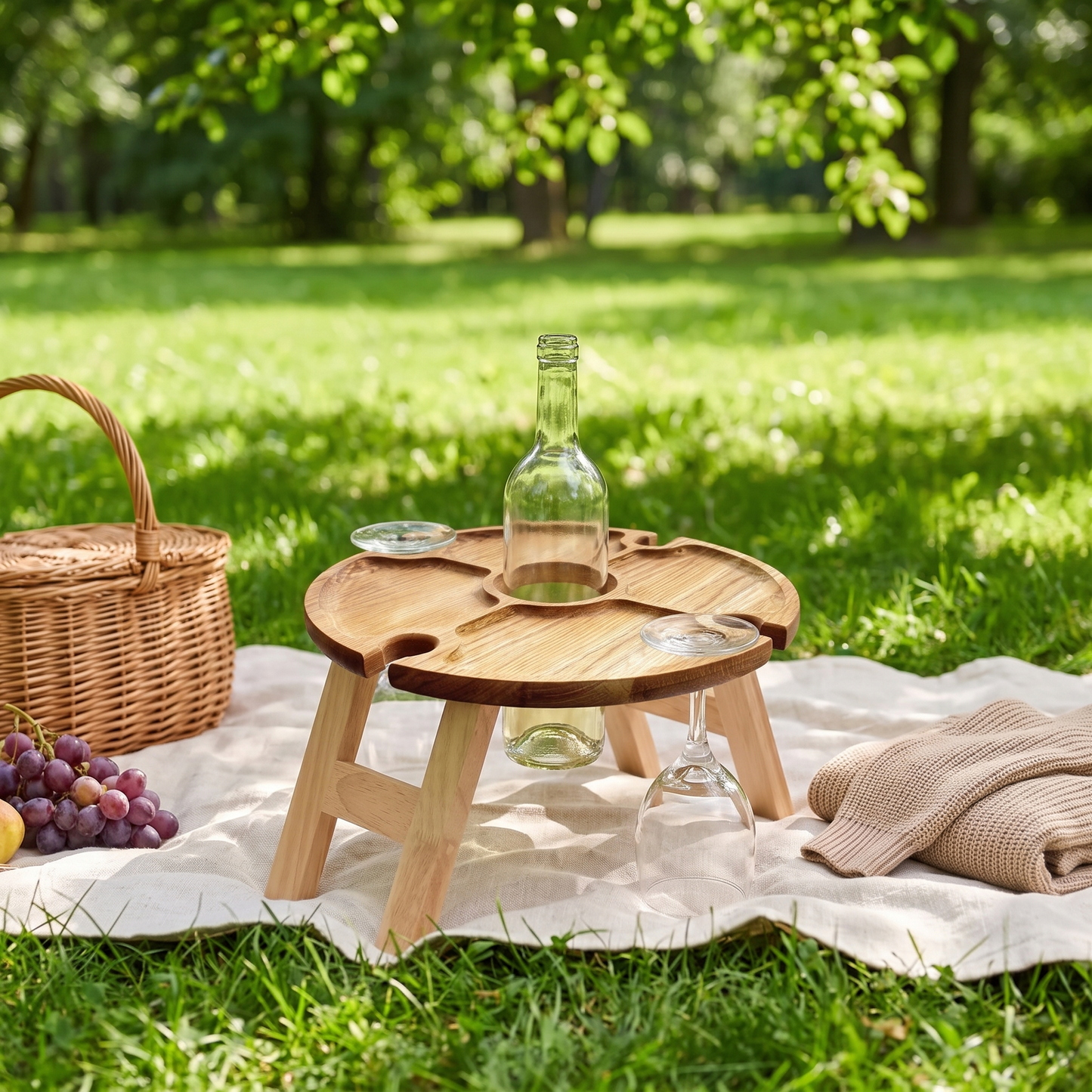 Vinetta folding wooden wine table - on a picnic blanket in the park