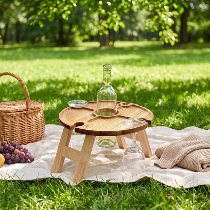 Vinetta folding wooden wine table - on a picnic blanket in the park