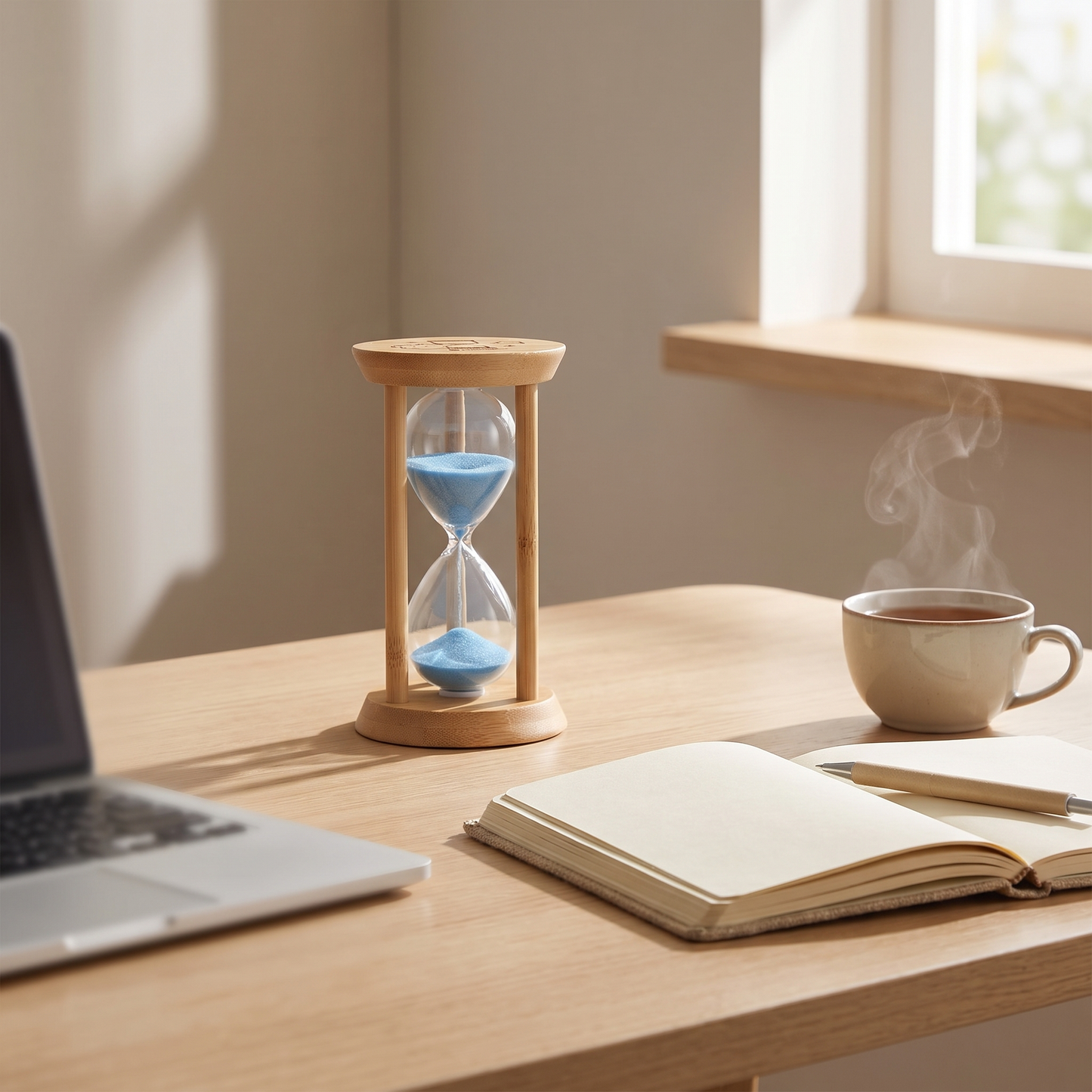Zandra bamboo sand timer - on a desk beside a notebook and tea