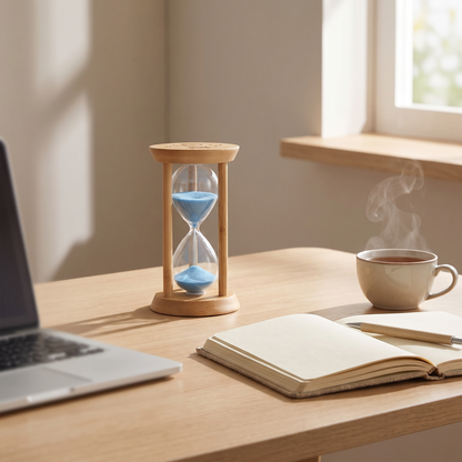 Zandra bamboo sand timer - on a desk beside a notebook and tea