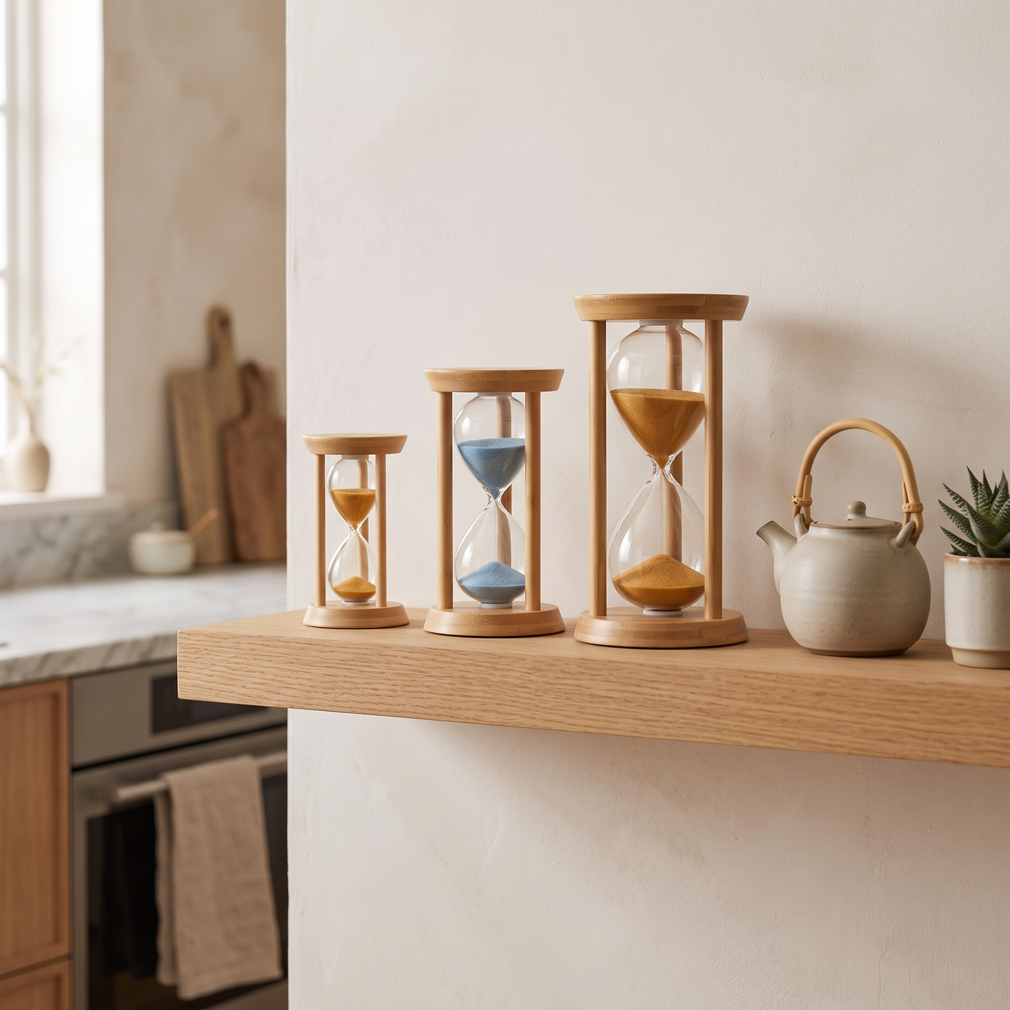 Zandra bamboo sand timer - three sizes together on a kitchen shelf